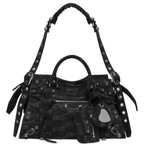 NWT Balenciaga Neo Cagole City Shoulder Bag BB Monogram Laser Wash Denim Black